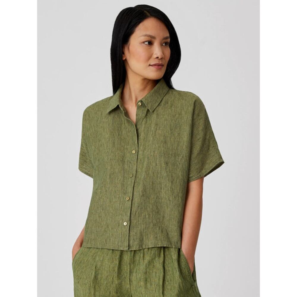 Eileen Fisher Small Button Up Boxy Shirt Olive Green Organic Linen Delave